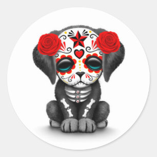 Cute Red Day of the Dead Puppy Dog White Classic Round Sticker