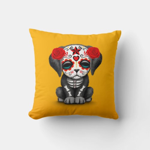 Cute Red Day of the Dead Puppy Dog Yellow Throw Pillow