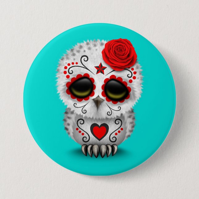 Cute Red Day of the Dead Sugar Skull Owl Blue Pinback Button (Front)