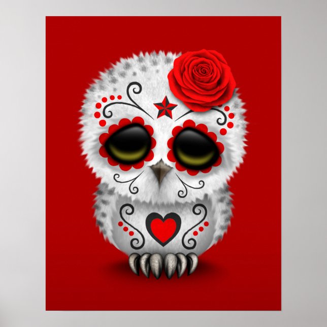 Cute Red Day of the Dead Sugar Skull Owl Red Poster (Front)
