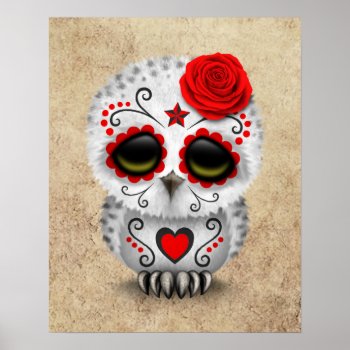 Cute Red Day Of The Dead Sugar Skull Owl Rough Poster by crazycreatures at Zazzle