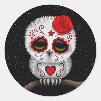 Cute Red Day Of The Dead Sugar Skull Owl Stars Classic Round Sticker by crazycreatures at Zazzle