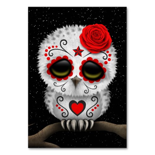 Cute Red Day of the Dead Sugar Skull Owl Stars Table Number