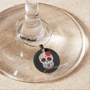 Cute Red Day of the Dead Sugar Skull Owl Stars Wine Charm