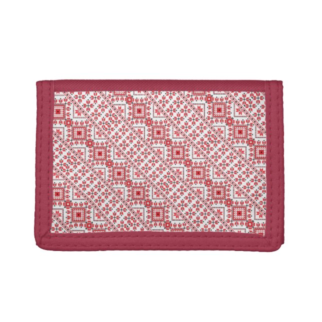Cute red decorative ukrainian patterns design tri-fold wallet (Front)