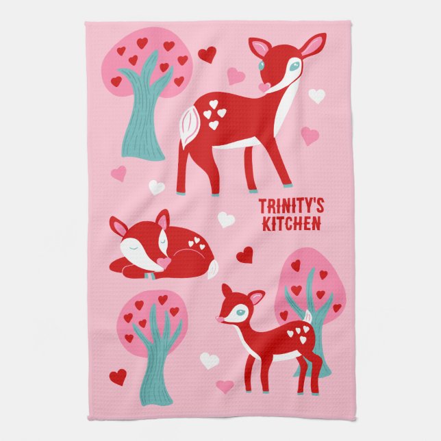 Cute Red Deer Valentine's Day Custom Message Kitchen Towel (Vertical)