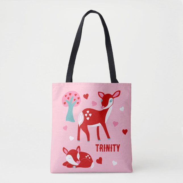 Cute Red Deer Valentine's Day Personalized Tote Bag (Front)