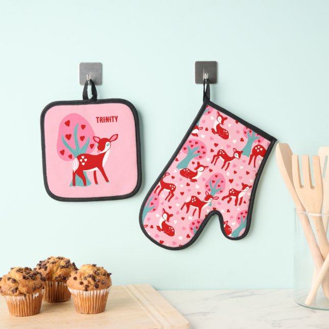 Cute Red Deer Valentine's Day Themed Oven Mitt & Pot Holder Set (Insitu(Hanging))