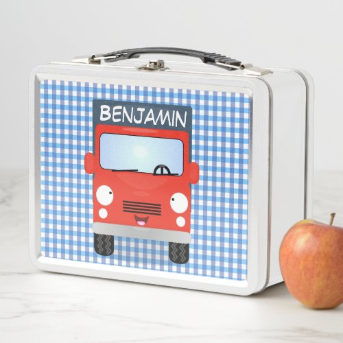 Cute red delivery truck cartoon illustration metal lunch box