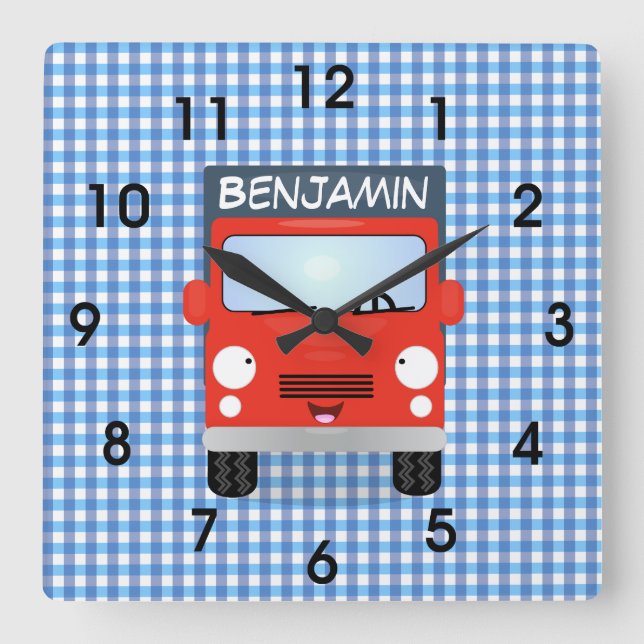 Cute red delivery truck cartoon illustration square wall clock (Front)