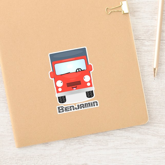 Cute red delivery truck cartoon illustration sticker (Notebook)