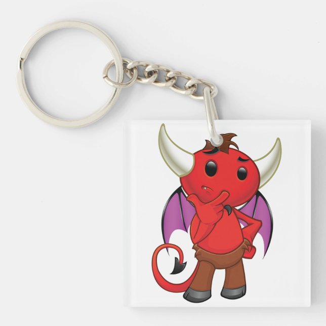 Cute Red Devil Character Thinking Mischievous Keychain (Front)