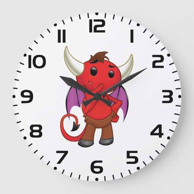 Cute Red Devil Character Thinking Mischievous Large Clock (Front)