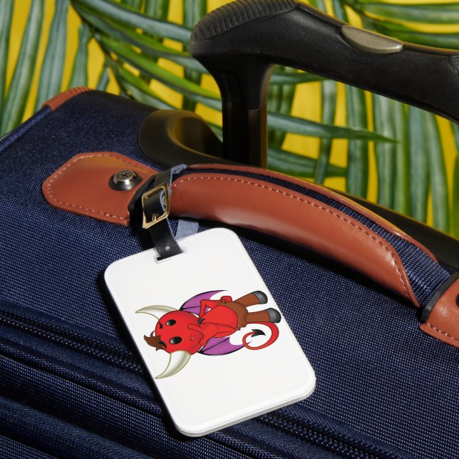 Cute Red Devil Character Thinking Mischievous Luggage Tag (Front Insitu 1)