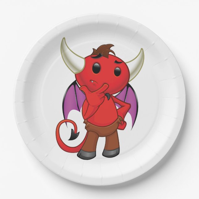 Cute Red Devil Character Thinking Mischievous Paper Plates (Front)