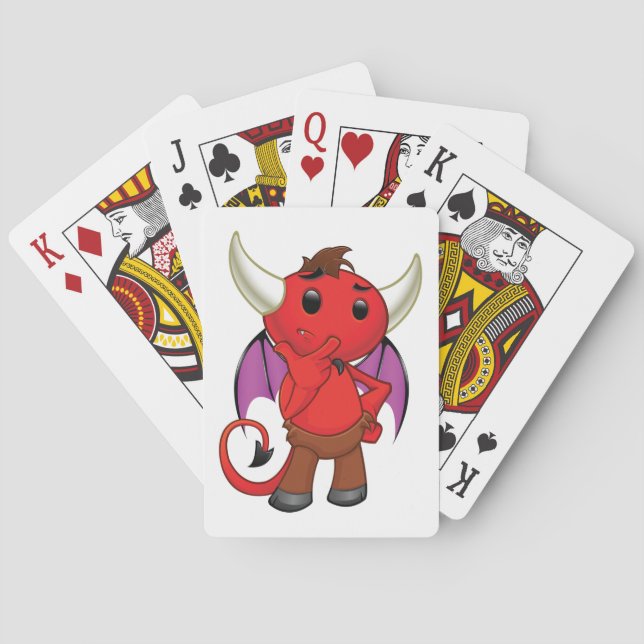 Cute Red Devil Character Thinking Mischievous Poker Cards (Back)