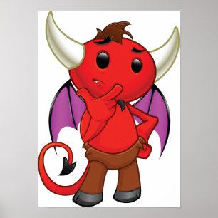 Cute Red Devil Character Thinking Mischievous Poster