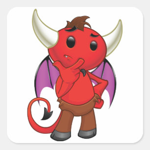 Cute Red Devil Character Thinking Mischievous Square Sticker