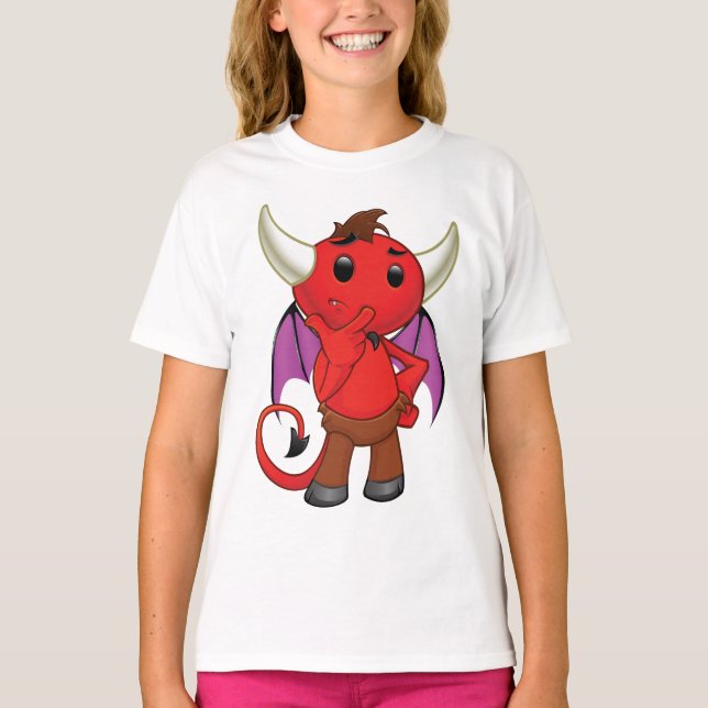 Cute Red Devil Character Thinking Mischievous T-Shirt (Front)
