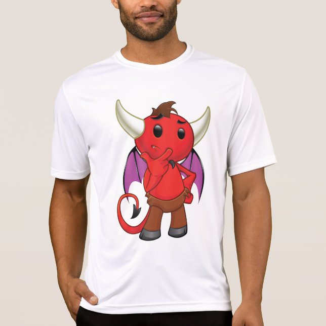 Cute Red Devil Character Thinking Mischievous T-Shirt (Front)