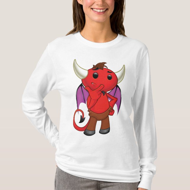 Cute Red Devil Character Thinking Mischievous T-Shirt (Front)