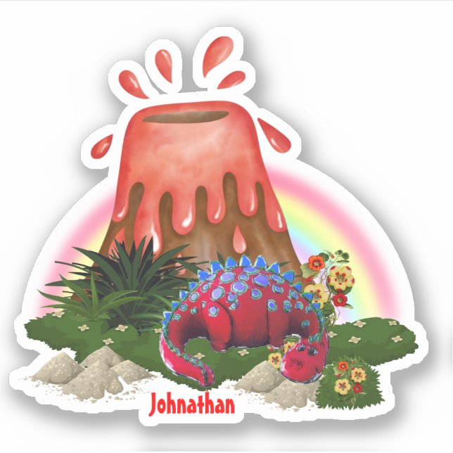 Cute red dinosaur volcano rainbow flower sticker (Front)