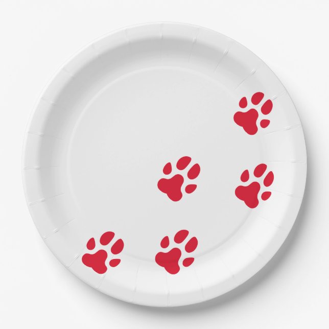 Cute Red Dog Paw Prints Paper Plates (Front)