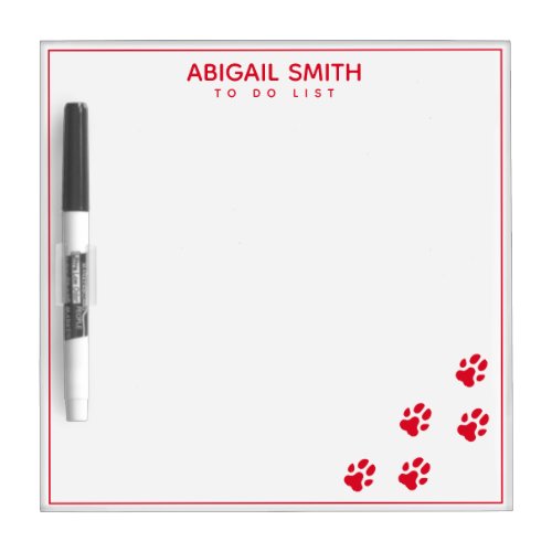Cute Red Dog Paw Prints _ Personalized Dry Erase Board