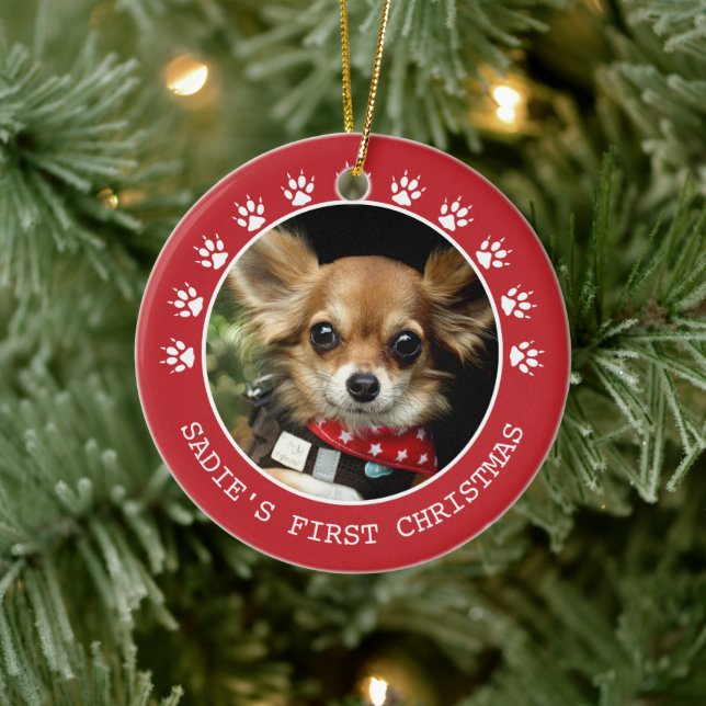 Cute Red Dog Paw Prints Photo Frame Christmas Ceramic Ornament (Tree)