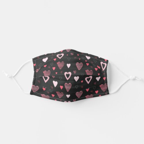 Cute Red Doodle Hearts Pattern Black Background Adult Cloth Face Mask