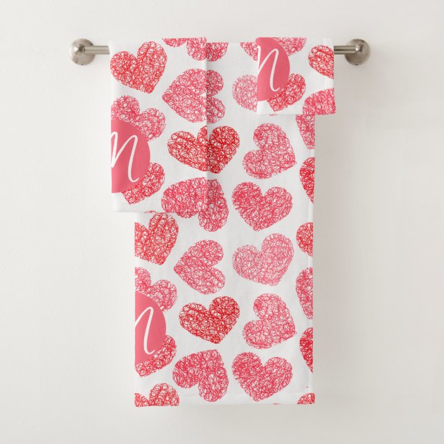 Cute Red Doodled Heart Valentine's Day Monogram Bath Towel Set (Insitu)