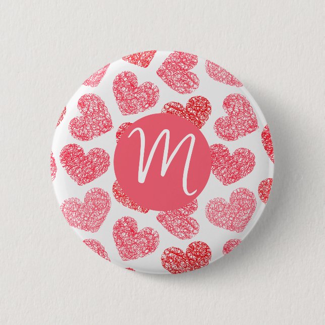 Cute Red Doodled Heart Valentine's Day Monogram Button (Front)