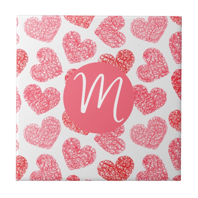 Cute Red Doodled Heart Valentine's Day Monogram Ceramic Tile (Front)