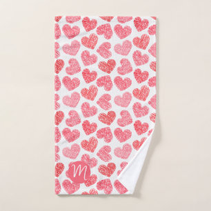Cute Red Doodled Heart Valentine's Day Monogram Hand Towel