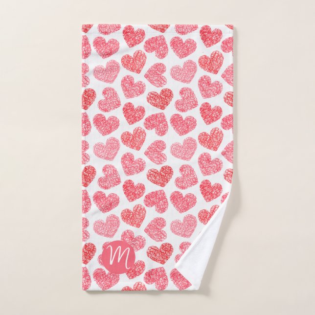 Cute Red Doodled Heart Valentine's Day Monogram Hand Towel (Hand Towel)