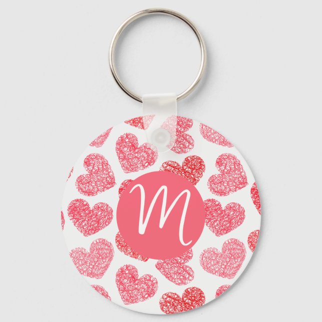 Cute Red Doodled Heart Valentine's Day Monogram Keychain (Front)