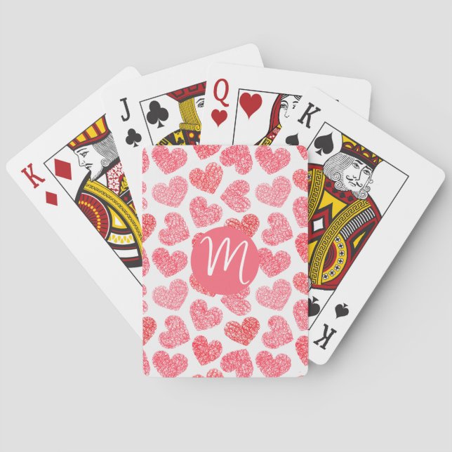 Cute Red Doodled Heart Valentine's Day Monogram Poker Cards (Back)