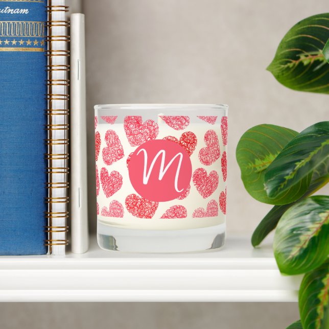 Cute Red Doodled Heart Valentine's Day Monogram Scented Candle (Shelf)