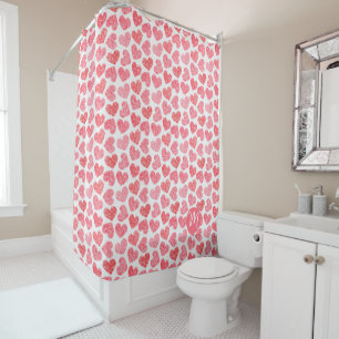 Cute Red Doodled Heart Valentine's Day Monogram Shower Curtain