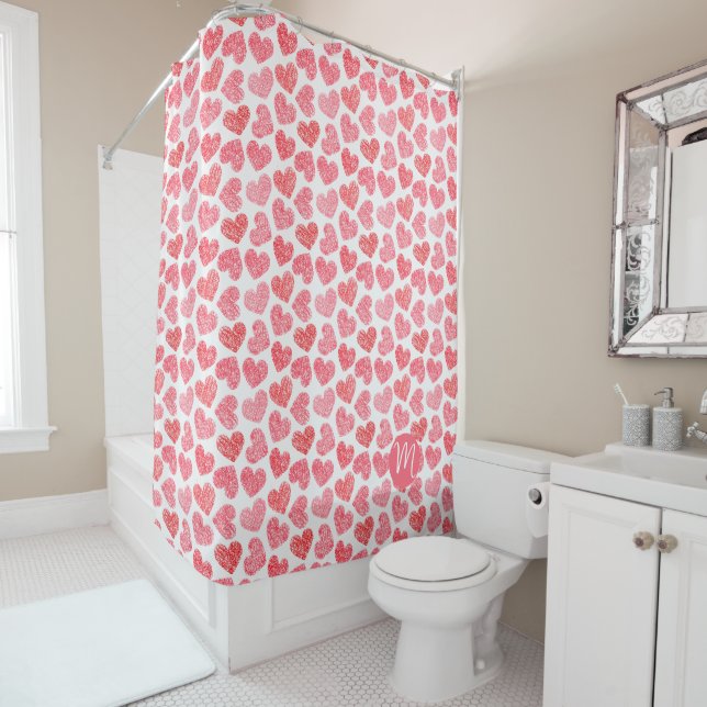 Cute Red Doodled Heart Valentine's Day Monogram Shower Curtain (In Situ)