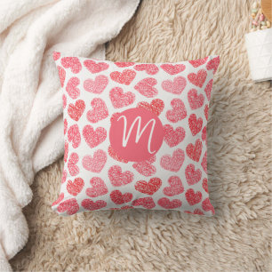 Cute Red Doodled Heart Valentine's Day Monogram Throw Pillow