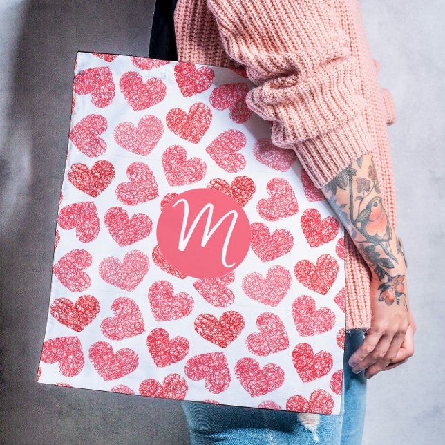 Cute Red Doodled Heart Valentine's Day Monogram Tote Bag (Creator Uploaded)