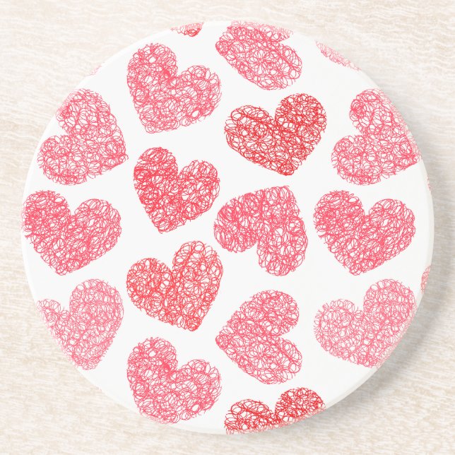 Cute Red Doodled Heart Valentine's Day Pattern Coaster (Front)