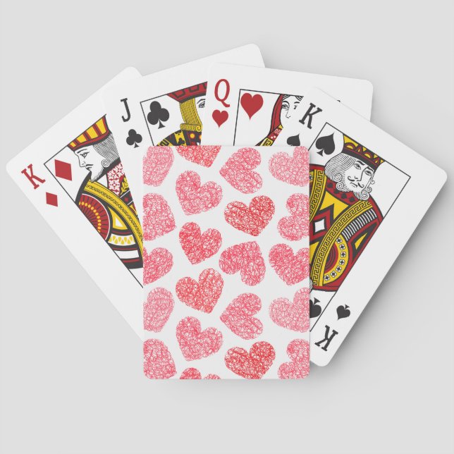 Cute Red Doodled Heart Valentine's Day Pattern Poker Cards (Back)