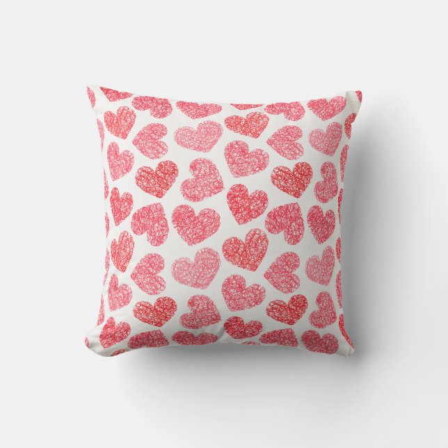 Cute Red Doodled Heart Valentine's Day Pattern Throw Pillow (Front)