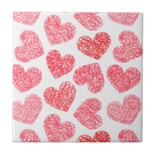 Cute Red Doodled Heart Valentine's Day Pattern Tile