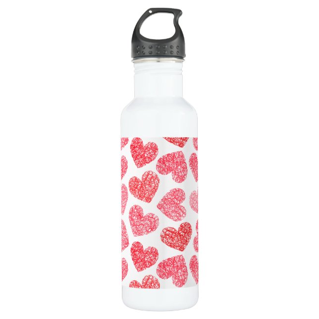 Cute Red Doodled Heart Valentine's Day Pattern Water Bottle (Front)