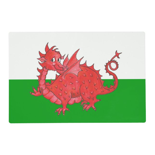 Cute Red Dragon on Green, White Laminated Placemat (Front)