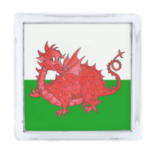 Cute Red Dragon on Green, White Square Lapel Pin