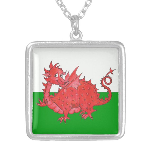 Cute Red Dragon on Green, White Square Necklace (Front)